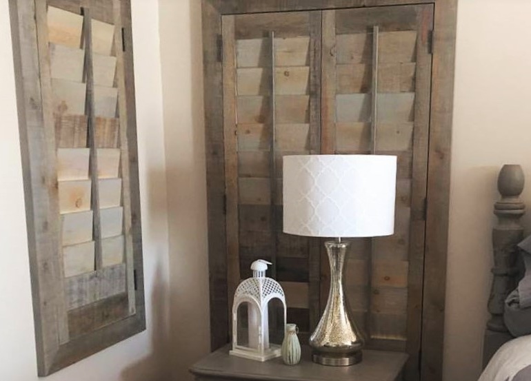 Dover bedroom with recycled wood shutters.